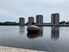 Exbury Egg in South Mere Lake, Thamesmead (view from Bow Arts, Lakeside Centre)